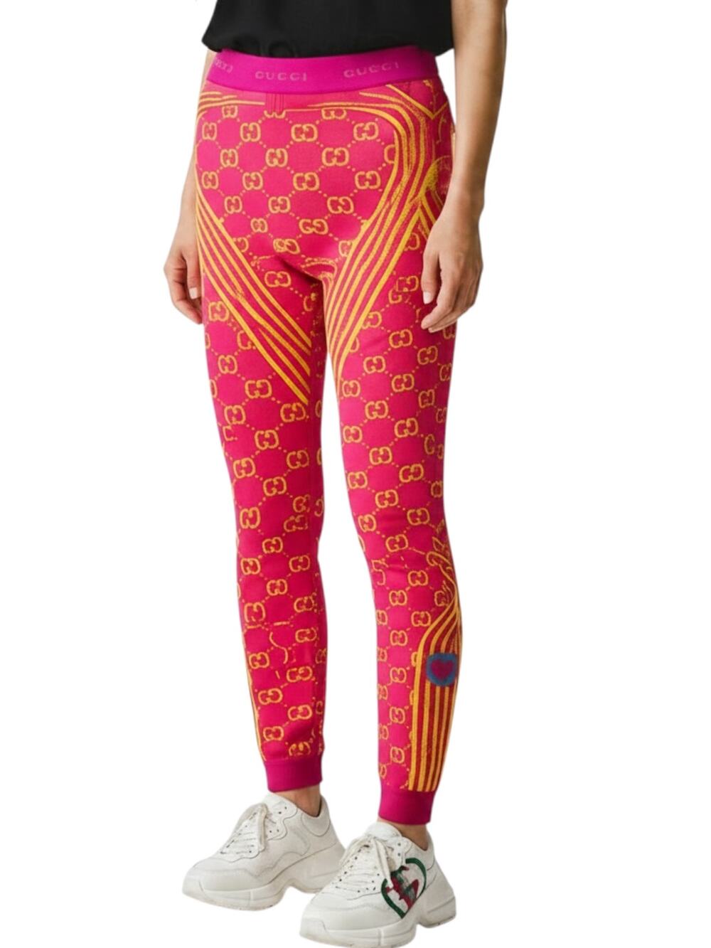 New Gucci GG Monogram Jacquard Jersey Tubular Leggings Pink Size Large